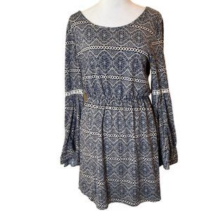 Bo Bel Boho Blue & White Lined Bell Sleeve Mini Dress Size Medium
